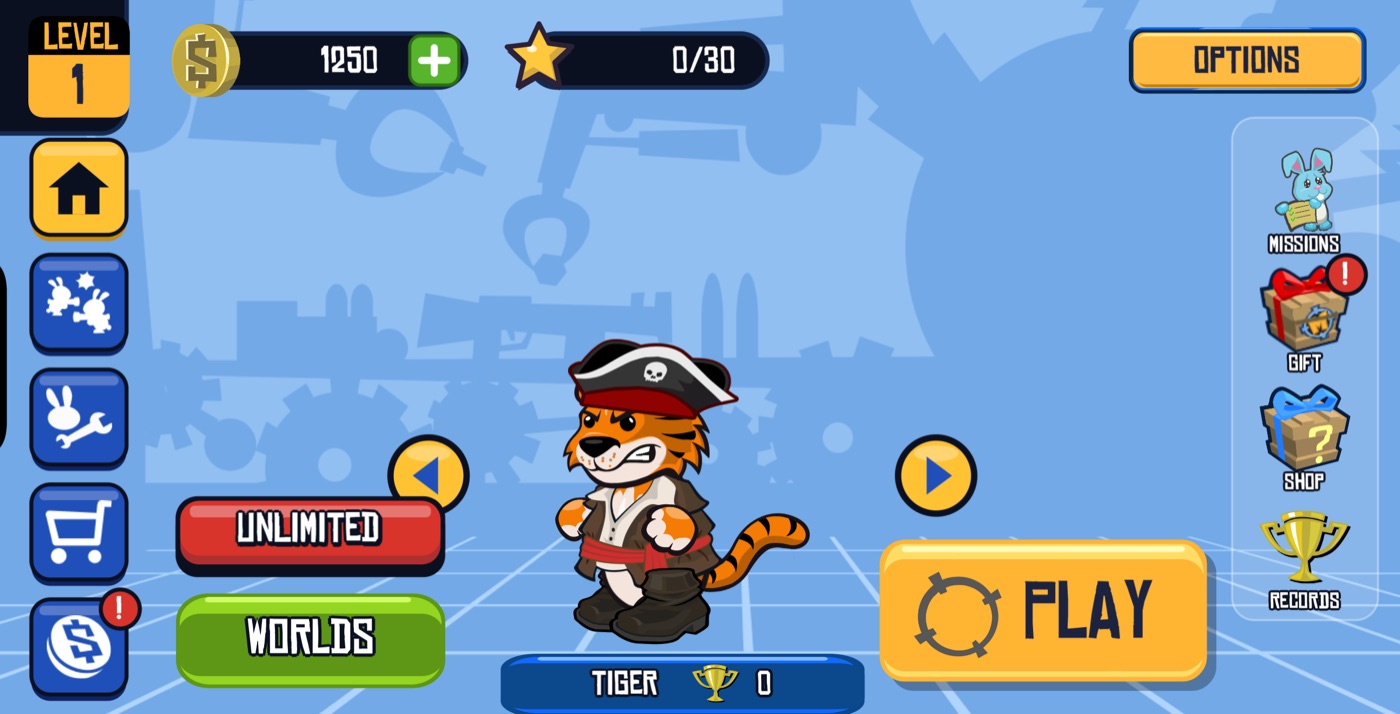 The lobby with a pirate tiger and the play button