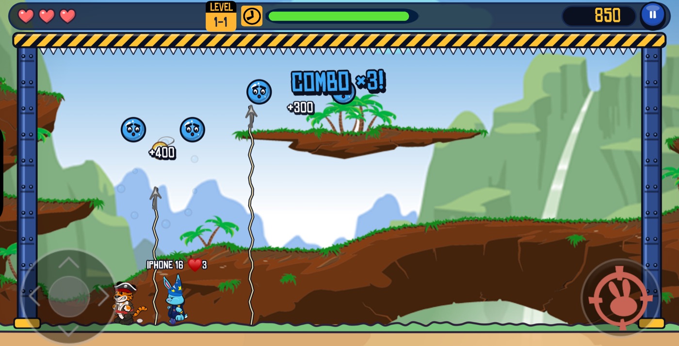 Two players, a tiger and a rabbit, popping bubbles together