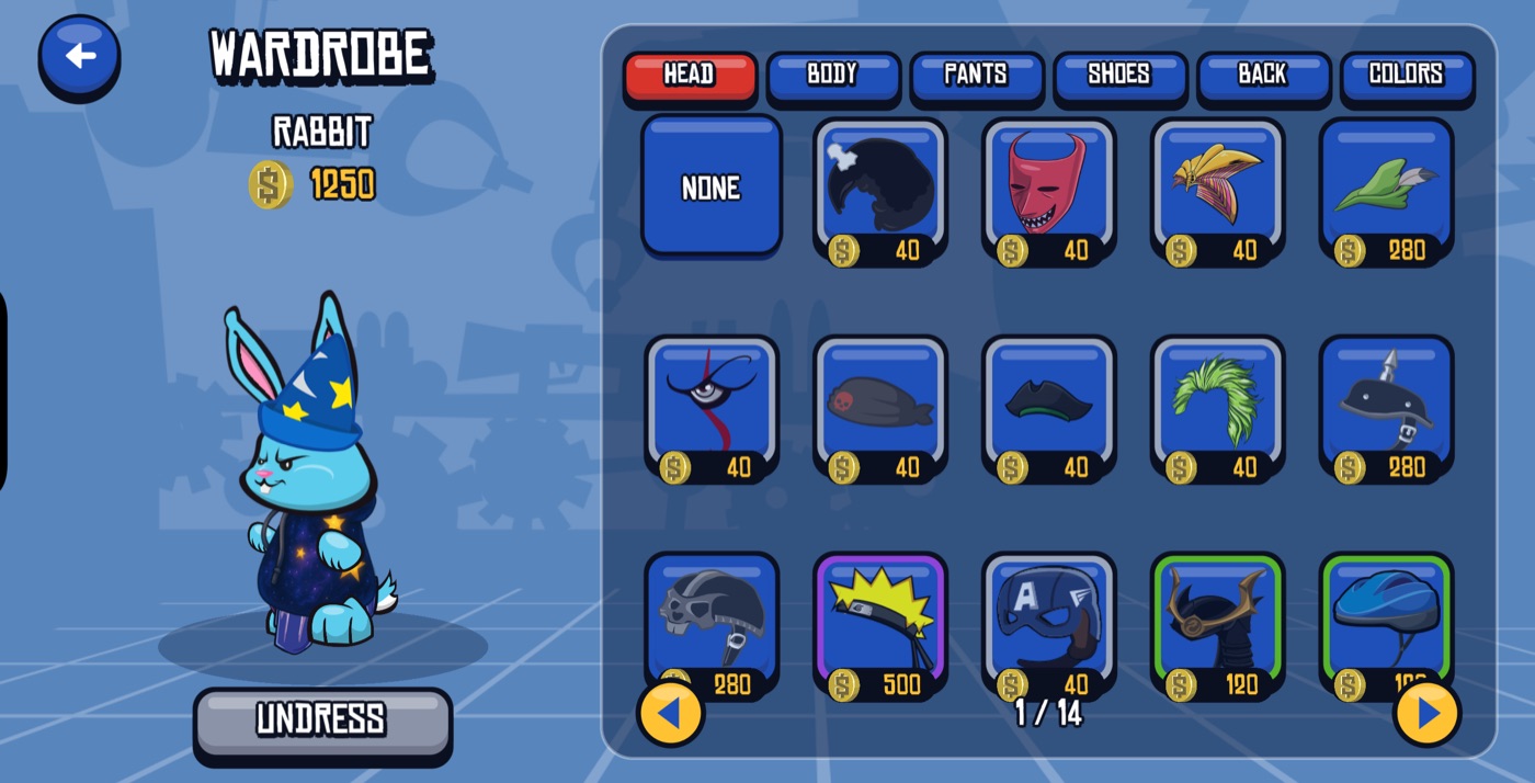 Wardrobe with a wizard rabbit and a grid of hats